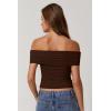 QINSEN Womens Off The Shoulder Tops Double Lined Short Sleeve T Shirts Slim Fitted Stretchy Crop Top(Chestnut)