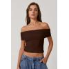 QINSEN Womens Off The Shoulder Tops Double Lined Short Sleeve T Shirts Slim Fitted Stretchy Crop Top(Chestnut)