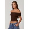 QINSEN Womens Off The Shoulder Tops Double Lined Short Sleeve T Shirts Slim Fitted Stretchy Crop Top(Chestnut)
