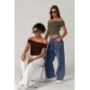 QINSEN Womens Off The Shoulder Tops Double Lined Short Sleeve T Shirts Slim Fitted Stretchy Crop Top(Chestnut)