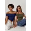 QINSEN Womens Off The Shoulder Tops Double Lined Short Sleeve T Shirts Slim Fitted Stretchy Crop Top(Forest Green)