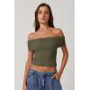 QINSEN Womens Off The Shoulder Tops Double Lined Short Sleeve T Shirts Slim Fitted Stretchy Crop Top(Forest Green)