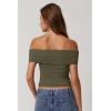 QINSEN Womens Off The Shoulder Tops Double Lined Short Sleeve T Shirts Slim Fitted Stretchy Crop Top(Forest Green)
