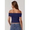 QINSEN Womens Off The Shoulder Tops Double Lined Short Sleeve T Shirts Slim Fitted Stretchy Crop Top(Navy Blue)