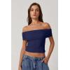 QINSEN Womens Off The Shoulder Tops Double Lined Short Sleeve T Shirts Slim Fitted Stretchy Crop Top(Navy Blue)