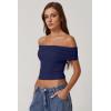 QINSEN Womens Off The Shoulder Tops Double Lined Short Sleeve T Shirts Slim Fitted Stretchy Crop Top(Navy Blue)