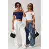 QINSEN Womens Off The Shoulder Tops Double Lined Short Sleeve T Shirts Slim Fitted Stretchy Crop Top(Navy Blue)