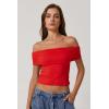 QINSEN Womens Off The Shoulder Tops Double Lined Short Sleeve T Shirts Slim Fitted Stretchy Crop Top(Red)
