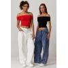 QINSEN Womens Off The Shoulder Tops Double Lined Short Sleeve T Shirts Slim Fitted Stretchy Crop Top(Red)