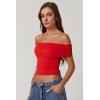 QINSEN Womens Off The Shoulder Tops Double Lined Short Sleeve T Shirts Slim Fitted Stretchy Crop Top(Red)