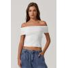 QINSEN Womens Off The Shoulder Tops Double Lined Short Sleeve T Shirts Slim Fitted Stretchy Crop Top(Splashed White)