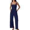 QINSEN Womens Casual Loose Overalls Jumpsuit Square Neck One Piece Sleeveless Wide Leg Rompers Outfits(Navy Blue)
