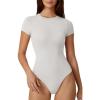 QINSEN Womens Crew Neck Short Sleeve Bodysuit Soft Body Suit Tops Double Lined Shirts(White)