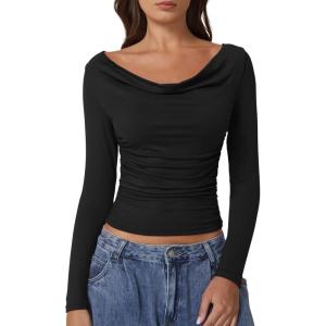QINSEN Women Cowl Neck Long Sleeve T Shirts Double Lined Tight Fitted Crop Top(Black)