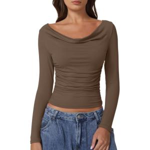 QINSEN Women Cowl Neck Long Sleeve T Shirts Double Lined Tight Fitted Crop Top(Brown)