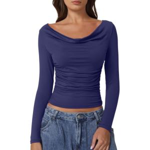 QINSEN Women Cowl Neck Long Sleeve T Shirts Double Lined Tight Fitted Crop Top(Estate Blue)