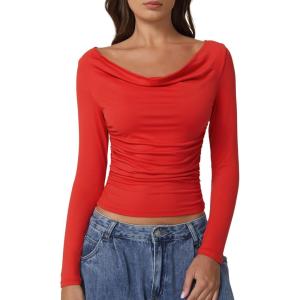 QINSEN Women Cowl Neck Long Sleeve T Shirts Double Lined Tight Fitted Crop Top(Red)