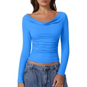 QINSEN Women Cowl Neck Long Sleeve T Shirts Double Lined Tight Fitted Crop Top(Star Sapphire)