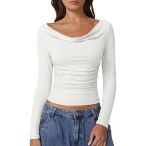 QINSEN Women Cowl Neck Long Sleeve T Shirts Double Lined Tight Fitted Crop Top(White)