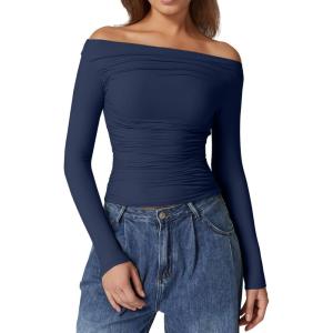QINSEN Womens Off Shoulder Long Sleeve Tops Ruched Going Out Crop Slim Fitted Shirts Estate Blue L