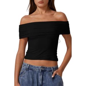 QINSEN Womens Off The Shoulder Tops Double Lined Short Sleeve T Shirts Slim Fitted Stretchy Crop Top(Black)