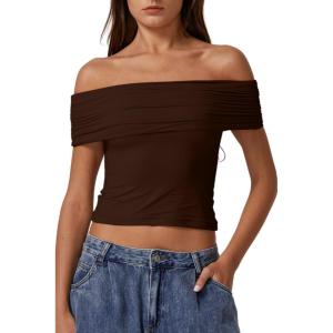 QINSEN Womens Off The Shoulder Tops Double Lined Short Sleeve T Shirts Slim Fitted Stretchy Crop Top(Chestnut)