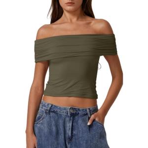 QINSEN Womens Off The Shoulder Tops Double Lined Short Sleeve T Shirts Slim Fitted Stretchy Crop Top(Forest Green)