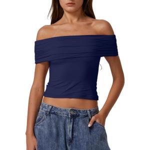 QINSEN Womens Off The Shoulder Tops Double Lined Short Sleeve T Shirts Slim Fitted Stretchy Crop Top(Navy Blue)