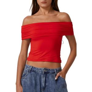 QINSEN Womens Off The Shoulder Tops Double Lined Short Sleeve T Shirts Slim Fitted Stretchy Crop Top(Red)