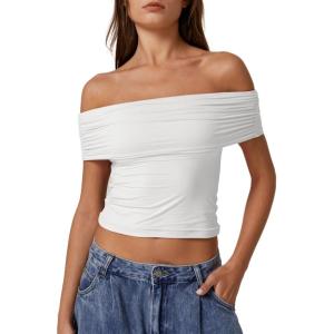QINSEN Womens Off The Shoulder Tops Double Lined Short Sleeve T Shirts Slim Fitted Stretchy Crop Top(Splashed White)