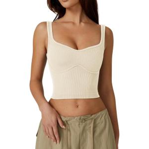 QINSEN Womens Sleeveless Cropped Rib Knit Seamless Sweetheart Neckline Going Out Tank Tops(Beige)