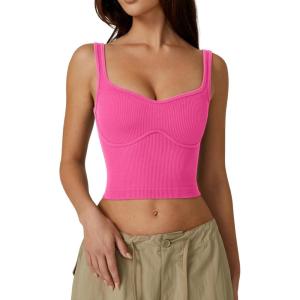 QINSEN Womens Sleeveless Cropped Rib Knit Seamless Sweetheart Neckline Going Out Tank Tops(Rosy)