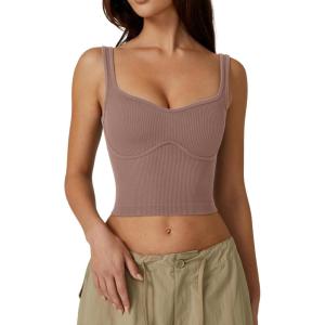 QINSEN Womens Sleeveless Cropped Rib Knit Seamless Sweetheart Neckline Going Out Tank Tops(Warm Taupe)