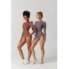QINSEN Women’s Seamless Long Sleeve Bodysuit Crew Neck Basic Stretch T Shirt Top(Copper Brown)