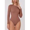 QINSEN Women’s Seamless Long Sleeve Bodysuit Crew Neck Basic Stretch T Shirt Top(Copper Brown)