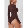QINSEN Women’s Seamless Long Sleeve Bodysuit Crew Neck Basic Stretch T Shirt Top(Stone Brown)
