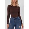 QINSEN Women’s Seamless Long Sleeve Bodysuit Crew Neck Basic Stretch T Shirt Top(Stone Brown)