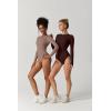 QINSEN Women’s Seamless Long Sleeve Bodysuit Crew Neck Basic Stretch T Shirt Top(Stone Brown)