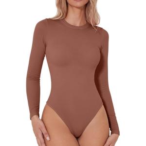 QINSEN Women’s Seamless Long Sleeve Bodysuit Crew Neck Basic Stretch T Shirt Top(Copper Brown)