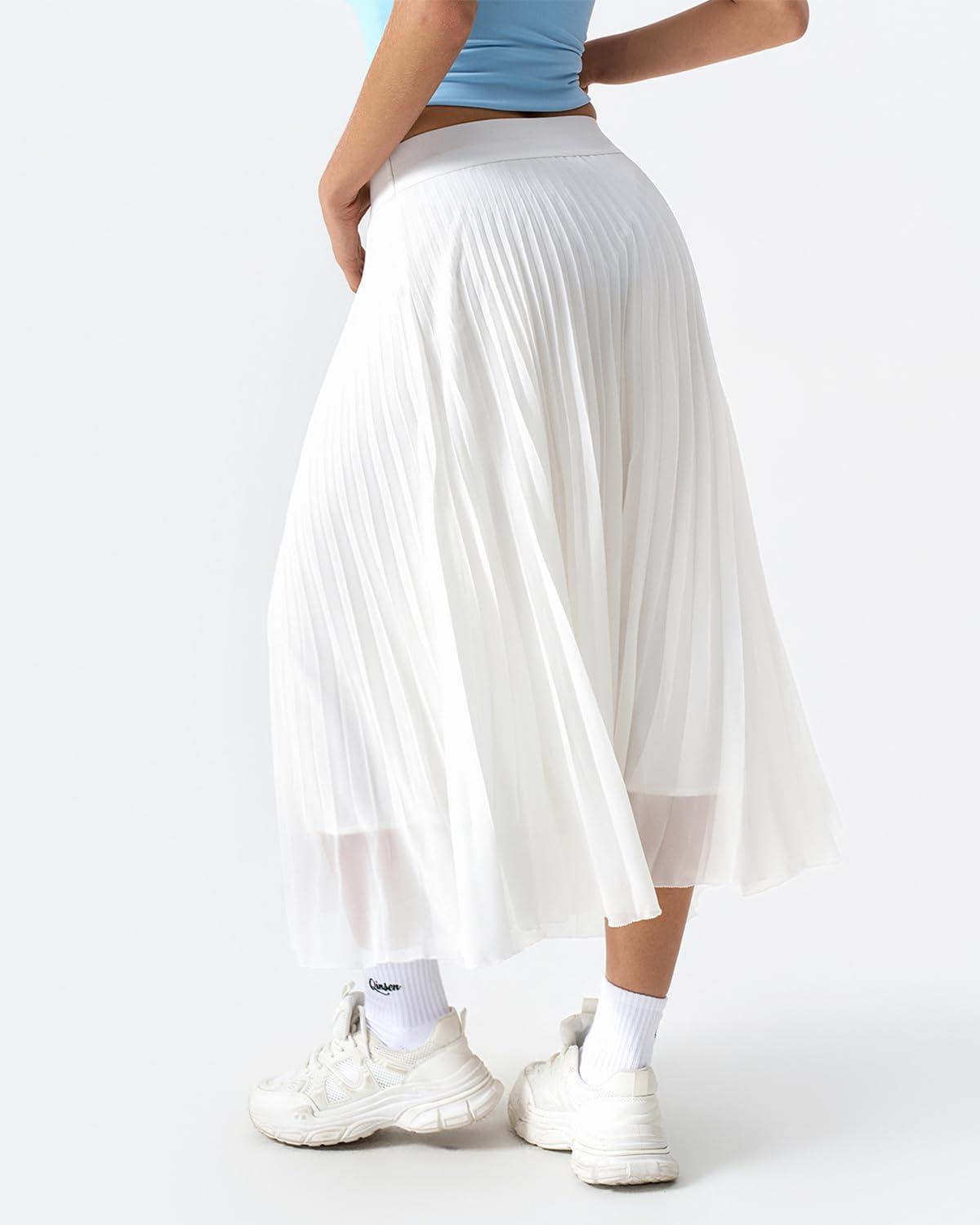 imageQINSEN Womens Elegant Flowy Pleated Chiffon Skirts Aline Swing Midi Skirts Elastic Waist Soft LingingWhite