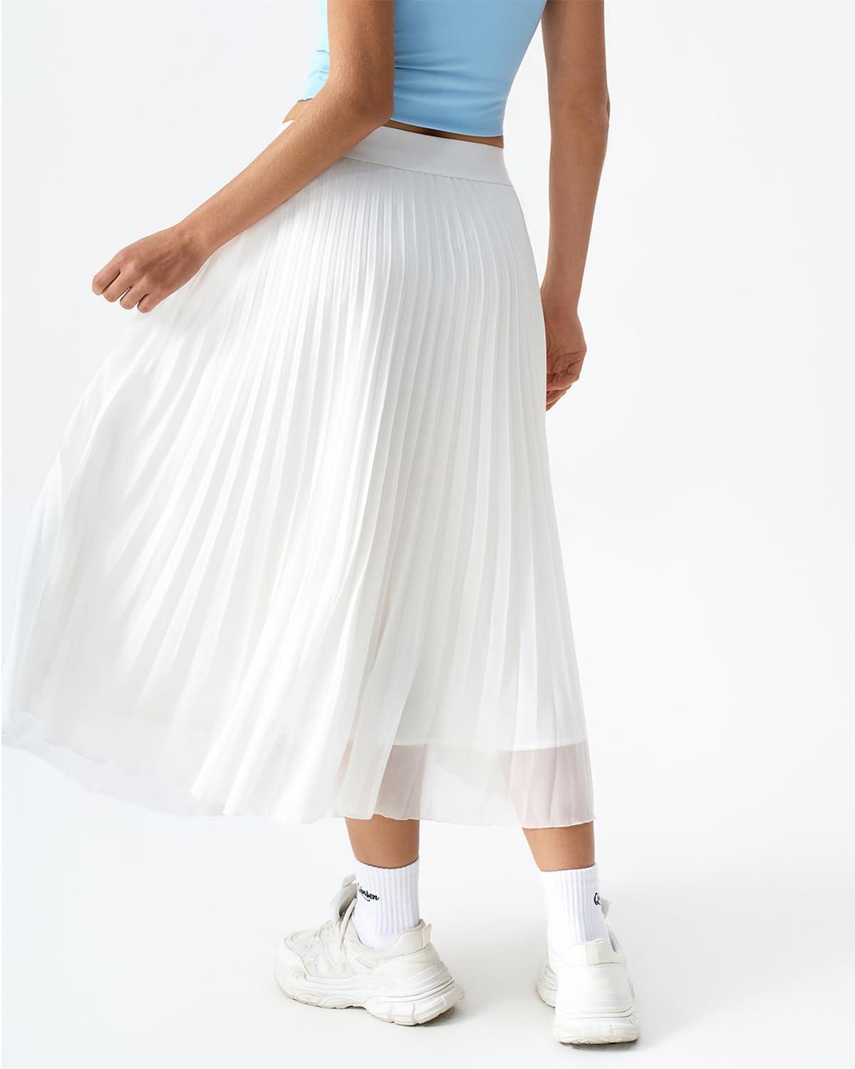 imageQINSEN Womens Elegant Flowy Pleated Chiffon Skirts Aline Swing Midi Skirts Elastic Waist Soft LingingWhite