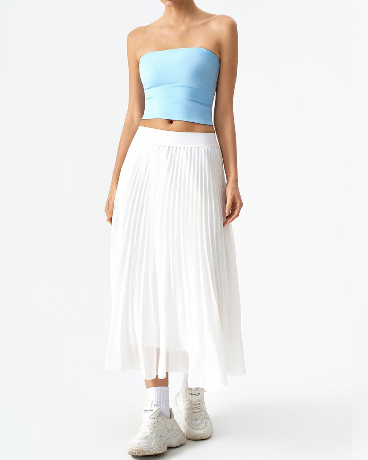 imageQINSEN Womens Elegant Flowy Pleated Chiffon Skirts Aline Swing Midi Skirts Elastic Waist Soft LingingWhite