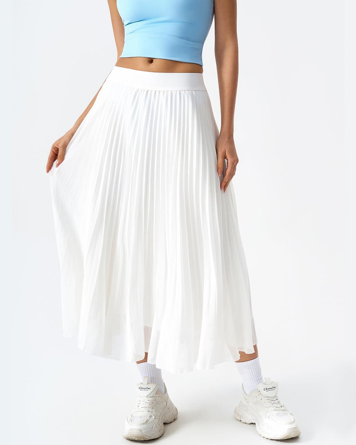 imageQINSEN Womens Elegant Flowy Pleated Chiffon Skirts Aline Swing Midi Skirts Elastic Waist Soft LingingWhite