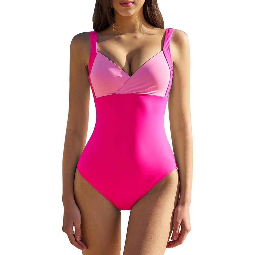 imageQINSEN Womens Sexy V Neck One Piece Bathing Suit Color Block Swimsuit High Waist MonokiniMagenta Color Block