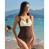 QINSEN Womens Sexy V Neck One Piece Bathing Suit Color Block Swimsuit High Waist Monokini(Brown Beige)