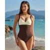 QINSEN Womens Sexy V Neck One Piece Bathing Suit Color Block Swimsuit High Waist Monokini(Brown Beige)