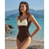 QINSEN Womens Sexy V Neck One Piece Bathing Suit Color Block Swimsuit High Waist Monokini(Brown Beige)