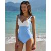 QINSEN Womens Sexy V Neck One Piece Bathing Suit Color Block Swimsuit High Waist Monokini(Light Blue White)