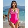 QINSEN Womens Sexy V Neck One Piece Bathing Suit Color Block Swimsuit High Waist Monokini(Magenta Color Block)