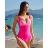 QINSEN Womens Sexy V Neck One Piece Bathing Suit Color Block Swimsuit High Waist Monokini(Magenta Color Block)